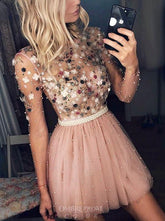 Charming Long Sleeves Beaded Appliques Tulle Short Prom Dresses